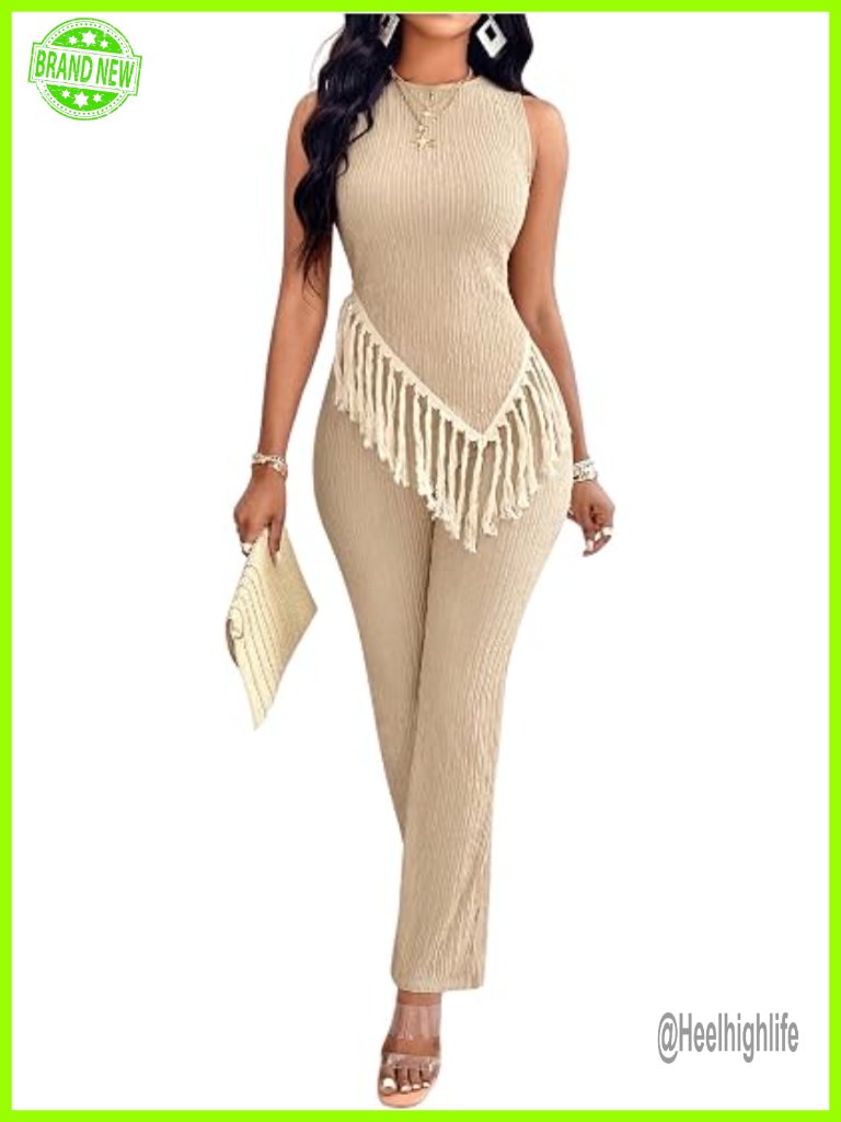 Fringe Asymmetrical Tank Top And Pants Boho Matching Set